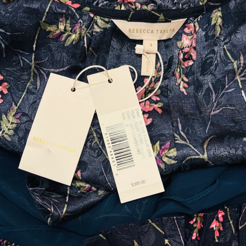 NWT Rebecca Taylor Vie Fleur Silk Blend Floral Jacquard Ruffle Dress Navy Pink 8 - Picture 8 of 9